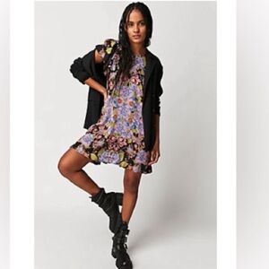 Free People Yara Printed Mini dress Twilight Combo floral ruffles pockets L